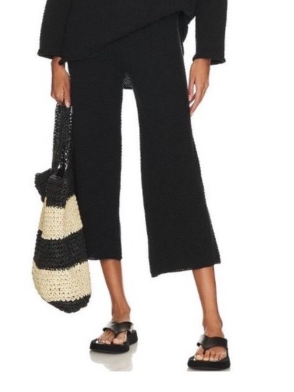 Free People Beach Hailee Black Waffle Knit Wide Leg Cropped Lounge Pants M - Picture 2 of 9
